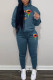 Navy Casual Print Patchwork Hooded Collar Long Sleeve Two Pieces
