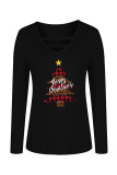 White Casual Christmas Tree Printed Hollowed Out V Neck Tops