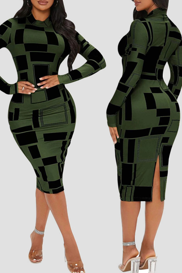 Ink Green Casual Elegant Print Patchwork O Neck One Step Skirt Dresses