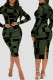 Ink Green Casual Elegant Print Patchwork O Neck One Step Skirt Dresses