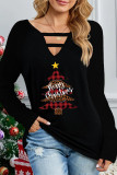 White Casual Christmas Tree Printed Hollowed Out V Neck Tops