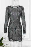Black Sexy Patchwork Hot Drilling See-through Feathers O Neck Long Sleeve Dresses