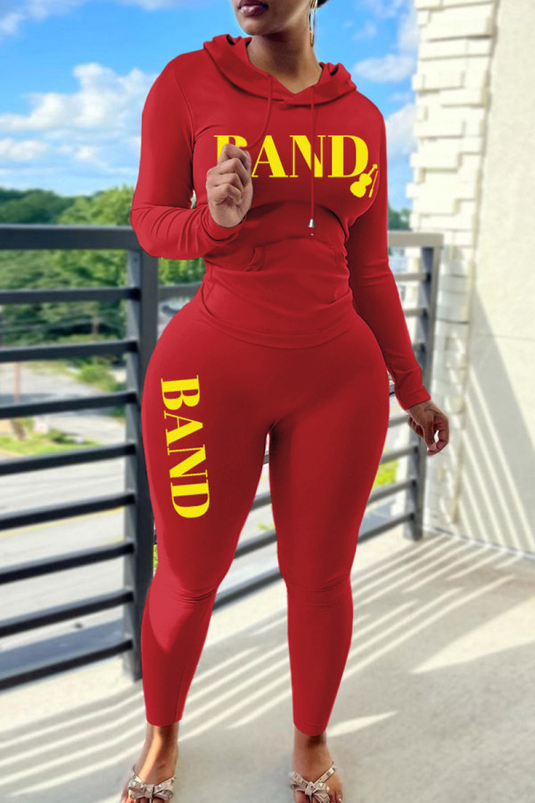 Red Casual Letter Print Basic Hooded Collar Long Sleeve Two Pieces