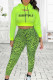 Green Casual Letter Print Hollowed Out Patchwork Hooded Collar Long Sleeve Two Pieces