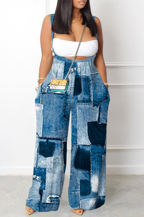 Blue Casual Print Backless Spaghetti Strap Regular Jumpsuits