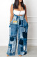 Blue Casual Print Backless Spaghetti Strap Regular Jumpsuits