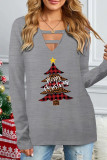 White Casual Christmas Tree Printed Hollowed Out V Neck Tops
