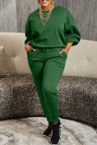 Green Casual Solid Patchwork Basic O Neck Long Sleeve Two Pieces