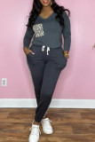 Rose Red Casual Print Leopard Patchwork V Neck Long Sleeve Two Pieces