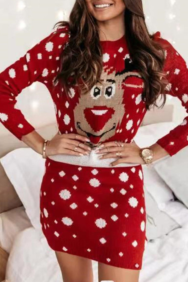 Red Casual Patchwork O Neck Pencil Skirt Dresses