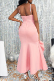 Pink Elegant Solid Patchwork Appliques Flounce Strapless Evening Dress Dresses