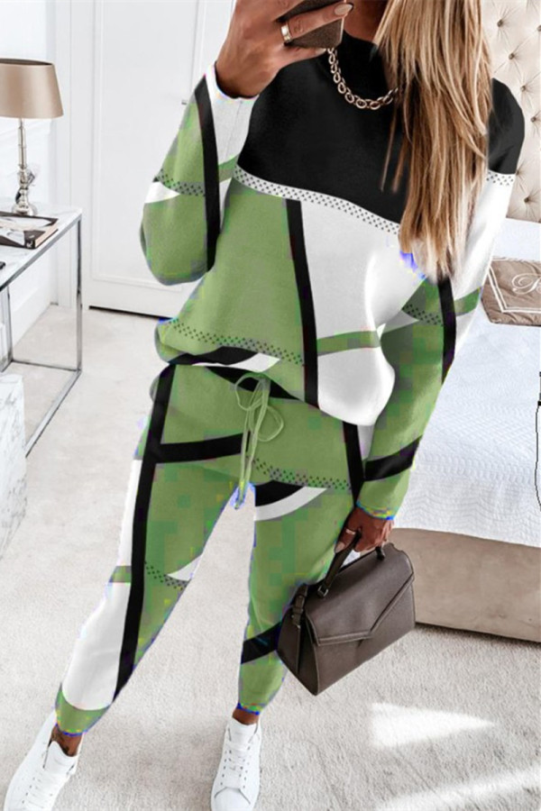 Green Casual Print Patchwork O Neck Long Sleeve Two Pieces