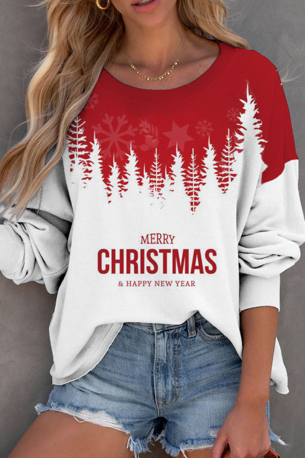 Red Casual Print Christmas Tree Printed Patchwork O Neck Tops