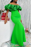 Green Elegant Solid Patchwork Fold Off the Shoulder Evening Dress Dresses