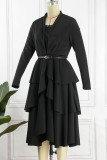 Black Casual Solid Patchwork With Belt V Neck Long Sleeve Dresses