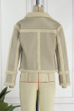 White Casual Patchwork Cardigan Turndown Collar Outerwear