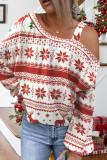 Red Casual Print Hollowed Out Oblique Collar Tops