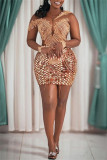 Gold Sexy Formal Patchwork See-through O Neck Long Sleeve Dresses