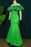 Green Elegant Solid Patchwork Fold Off the Shoulder Evening Dress Dresses