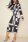 Yellow Casual Elegant Print Patchwork O Neck One Step Skirt Dresses