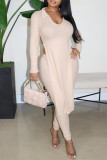 Cream White Casual Solid Slit Turndown Collar Long Sleeve Two Pieces