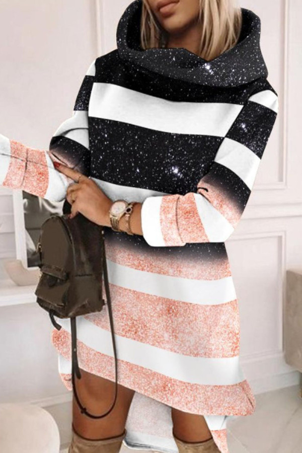 Pink Casual Print Basic Turtleneck Long Sleeve Dresses