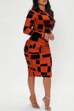 Yellow Casual Elegant Print Patchwork O Neck One Step Skirt Dresses