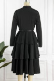 Black Casual Solid Patchwork With Belt V Neck Long Sleeve Dresses