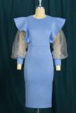 Sky Blue Elegant Solid Patchwork Flounce O Neck Evening Dress Dresses