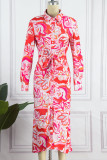 Red Street Print Patchwork Turndown Collar Shirt Dress Dresses