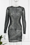 Black Sexy Patchwork Hot Drilling See-through Beading O Neck Long Sleeve Dresses