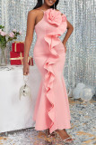 Pink Elegant Solid Patchwork Appliques Flounce Strapless Evening Dress Dresses