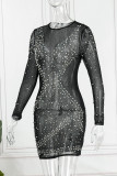 Black Sexy Patchwork Hot Drilling See-through Beading O Neck Long Sleeve Dresses