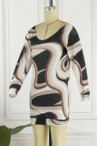 Light Brown Casual Print Patchwork V Neck Long Sleeve Dresses