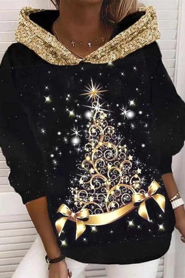 Black Gold Casual Print Patchwork Hooded Collar Tops