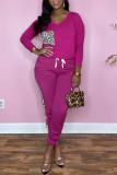 Rose Red Casual Print Leopard Patchwork V Neck Long Sleeve Two Pieces