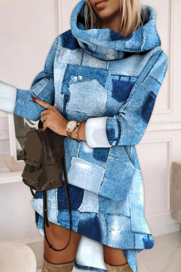 The cowboy blue Casual Print Basic Turtleneck Long Sleeve Dresses