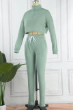 Light Blue Casual Solid Patchwork Zipper Collar Long Sleeve Two Pieces