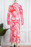 Red Street Print Patchwork Turndown Collar Shirt Dress Dresses