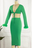 Green Sexy Solid Patchwork Frenulum V Neck Long Sleeve Two Pieces