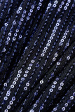 Navy Blue Elegant Solid Hollowed Out Sequins Patchwork Half A Turtleneck One Step Skirt Dresses