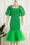 Green Elegant Solid Patchwork Square Collar Pencil Skirt Dresses