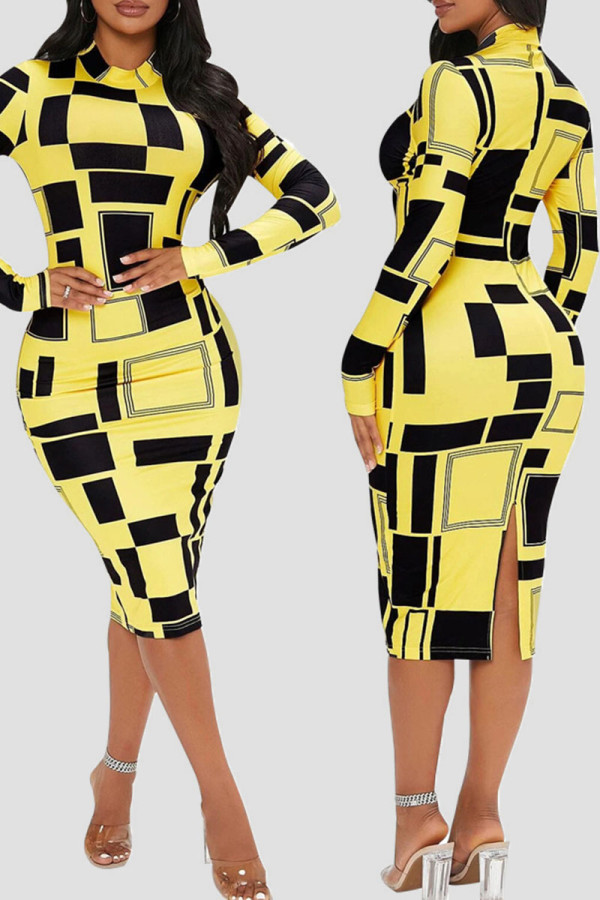 Yellow Casual Elegant Print Patchwork O Neck One Step Skirt Dresses