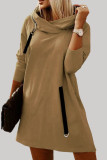 Army Green Casual Solid Patchwork Hooded Collar Long Sleeve Dresses