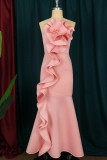 Pink Elegant Solid Patchwork Appliques Flounce Strapless Evening Dress Dresses