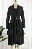 Black Casual Solid Patchwork With Belt V Neck Long Sleeve Dresses