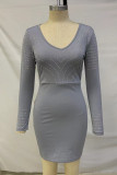 Blue Casual Solid Patchwork Hot Drill V Neck Long Sleeve Dresses