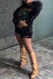Black Street Print Letter Hooded Collar Tops