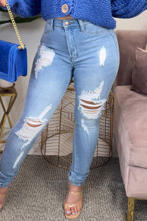 Light Blue Casual Solid Ripped Patchwork High Waist Skinny Denim Jeans