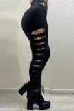 Black Casual Solid Ripped Patchwork Skinny High Waist Pencil Solid Color Bottoms